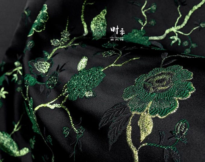Black & Jade Green Brocade Fabric | 3D Textured Jacquard, 55" Wide