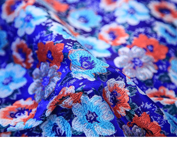 35"W blooming flowers brocade jacquard dress fabric, Dress Fabric, Upholstery, Decor, Costume, Curtain, Handbag, Sewing/Fabric by the meter