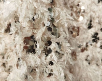 Beige Feather Sequin Embroidery Fabric: 49" Wide Costume Material