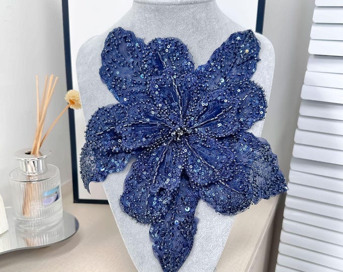3D Floral Lace Appliqué – Beaded Sequin Flower Patch, Sew-On Craft