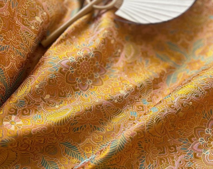 29.5"W Gold Auspicious Baoxiang flower Thangka Embroidered Fabric Mounts Tibetan Traditional Robes,Shrines Enshrines Buddhist Brocade Fabric