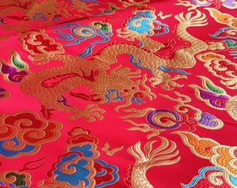Red Dragon Brocade Fabric: Chinese Mongolian Style Silk Rayon Jacquard