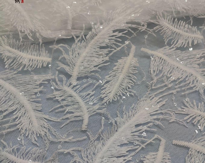 Embroidery fabric Feather 3D sequin Lace Fabric - High-Quality for Bridal & Wedding Dress, Party, Gown, Prom, DIY Costume, doll making, 50"W