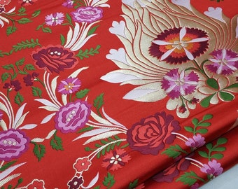 Red Silk Brocade Fabric: Peony Floral Design, 29"W Wedding Fabric