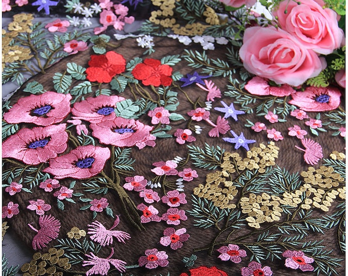Pink red Gold Flower & Leaves Fabric PANEL Asian Design Embroidered Lace, BLACK Stretch Net Fabric for Garments, Costumes, 43"W Sewing DIY