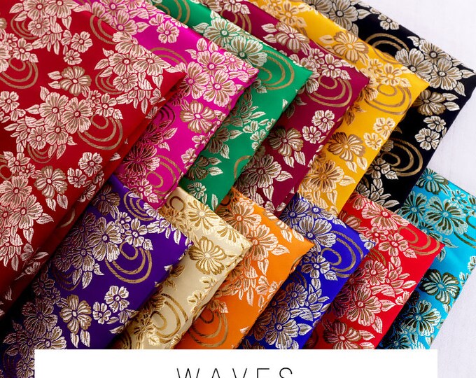 29.5" Width Silk Brocade Fabric Five petal flower Design, Wedding Fabric, 12 Colors Chinese Fabric By 1 Meter on SALE