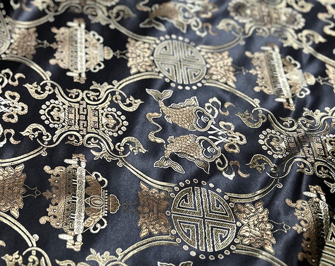 Chinese Silk Brocade Fabric Pisces Double Fish Decor, Table cloth, bed runner, pillow case Cheongsam, Upholstery, Quilting, drapery/fabric