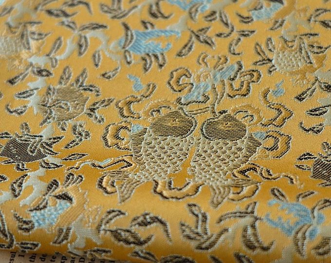 58“W Chinese Silk Brocade Fabric Pisces Double Fish Home Decor, Table cloth, bed runner, pillow case, Cheongsam, Upholstery, Sewing Fabric