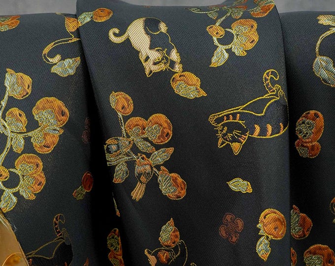 Luxury Cat & Persimmon Jacquard Fabric with Gold Accents for Handbags, 65"Wide