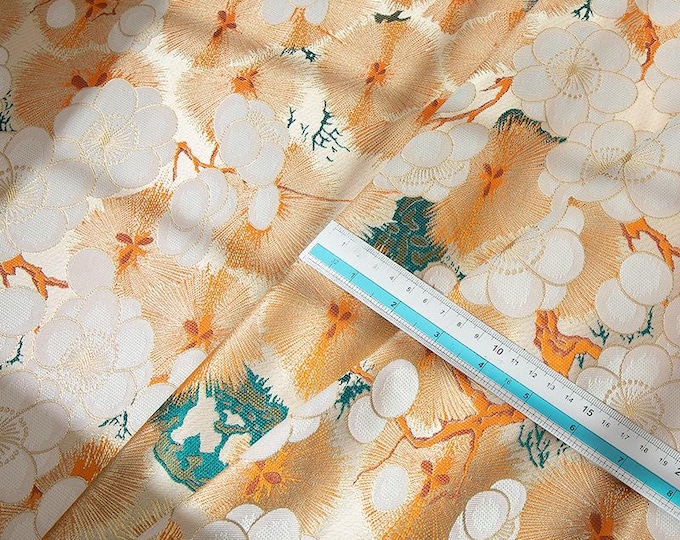 Japanese Nishijin Fabric, Orange Frangipani Damask Jacquard silk brocade by 1 meter, 29.5“W, Upholstery, Decor, Costume, bag, Sewing/Fabric