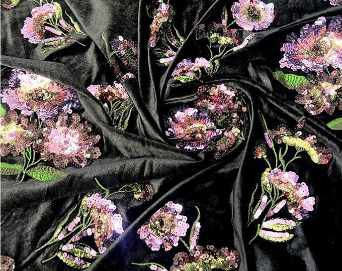 49"W Embroidered Velvet Fabric by the Yard • Soft Plush Material for Sewing, Upholstery & Crafts