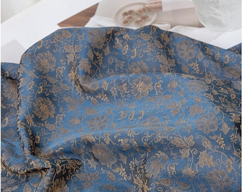 Peony Peacock Jacquard Damask Fabric: Tea Silk Satin, 59" Wide