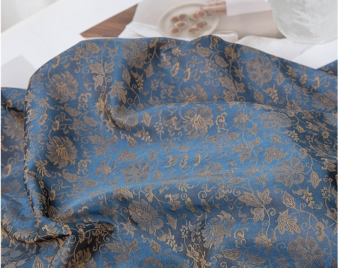 6 colors Jacquard Tea silk Satin Damask Fabric, 59“Wide Peony Peacock, Upholstery, Decor, Costume, Handbag, Sewing/Fabric by the meter