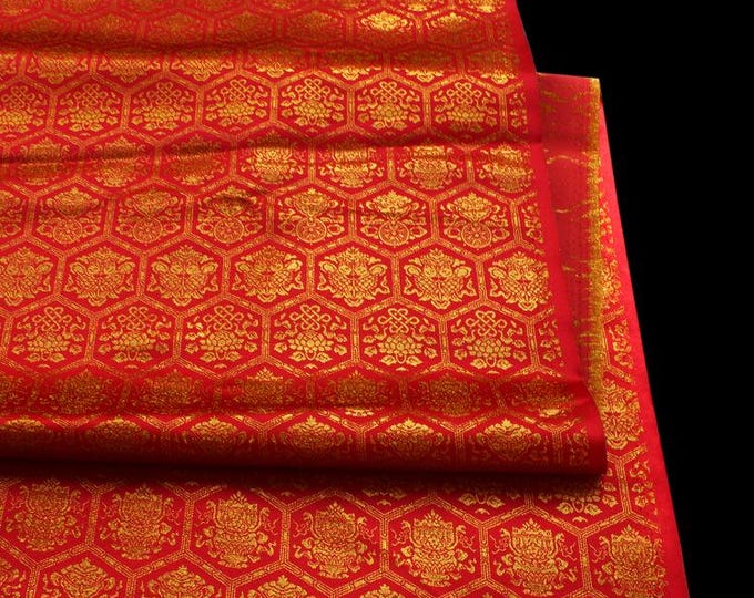 Tibetan Eight Treasures, Auspicious Jacquard Gold Woven Fabrics, 58"W, Upholstery, Decor, Costume, handbag, Sewing, Cheongsam, Buddha/Fabric