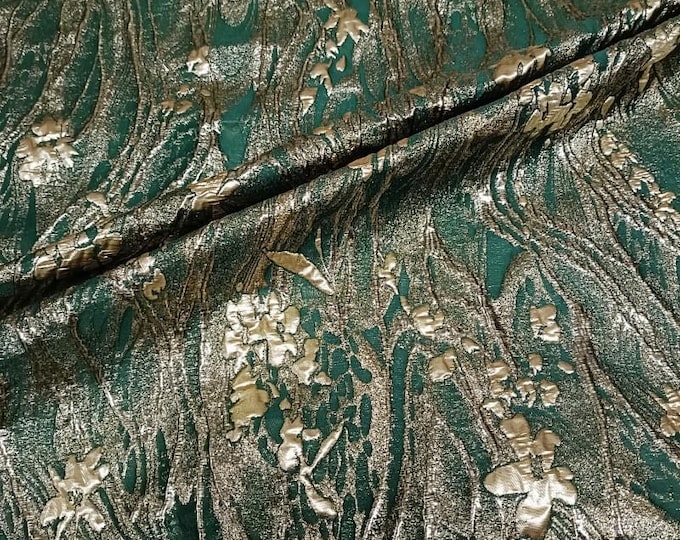Green Jacquard Fabric with Gold Thread: Deer & Floral Design, 55" Wide