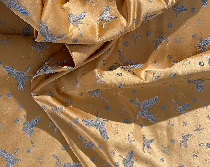 Orange butterfly - Faux Silk Brocade Jacquard Fabric, Upholstery, Decor, Costume, Curtain, bag, Sewing, DIY /Fabric by 1 meter, 59" W