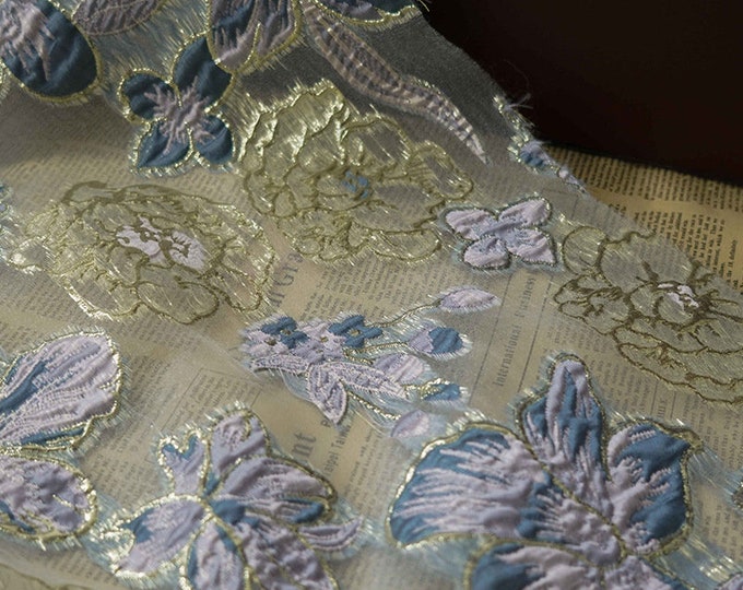 56"W Blue & Gold High-end Organza jacquard Designer fabric, DIY, Upholstery, Quilting and Sewing fabric, Dress, skirt, Curtain by the meter