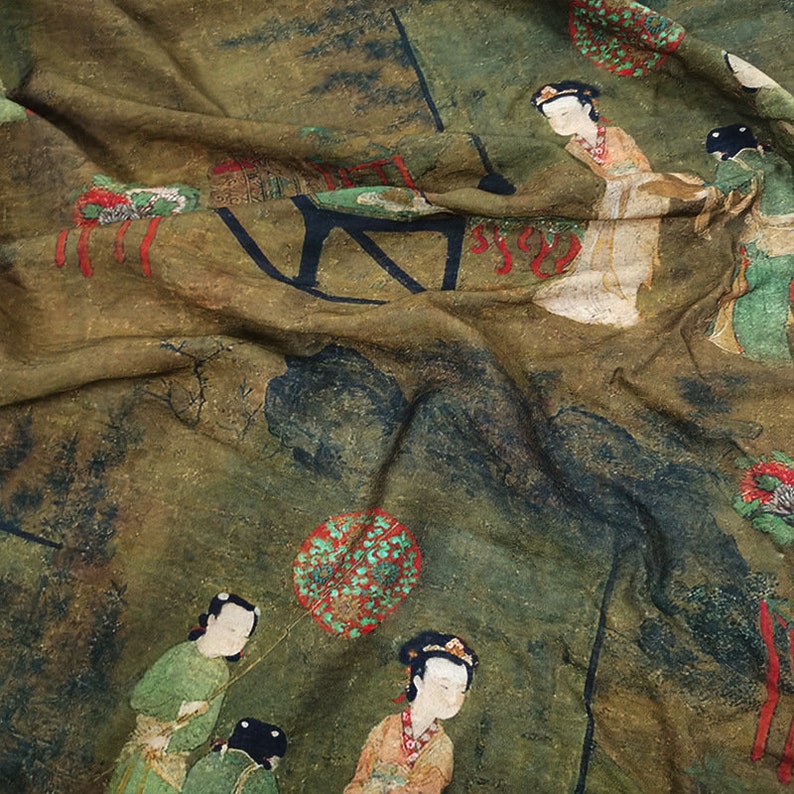 Chinoiserie Tencel-tyg på metervara: Asiatiska damer, sömnadsscen, heminredning bild 3