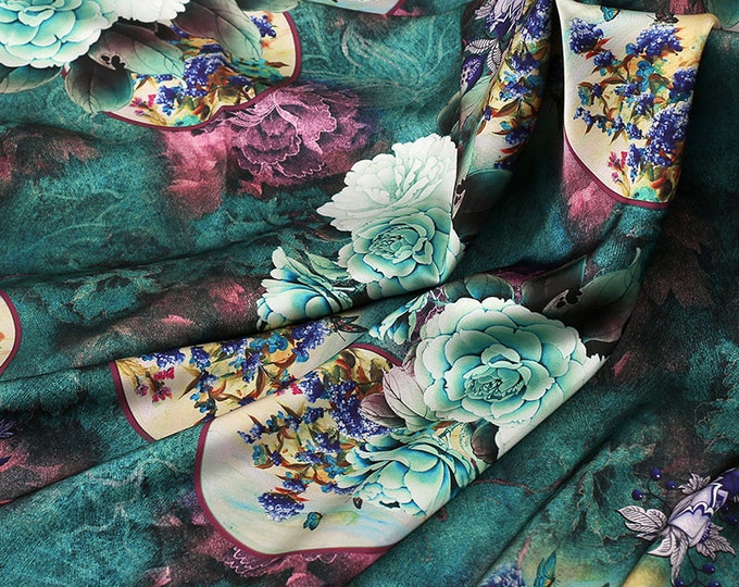 59"W Peacock blue Tea silk satin fabric, Digital print, 3 colors, Sewing fabric, Upholstery, Decor, Costume, Curtain, Handbag, Sewing/Fabric