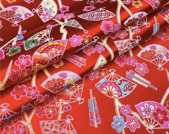 Japanese Shiny Fabric, Traditional Fans Jacquard silk brocade by the meter, 59” Width, 2 colors On SALE, Upholstery, Dolls Sewing fabric,