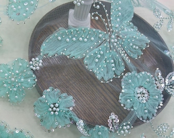 50" Luxury teal blue Beaded Embroidery Fabric – Bridal Wedding Veil By Yard, sequins wedding dress, headwear, shoes, DIY accessories