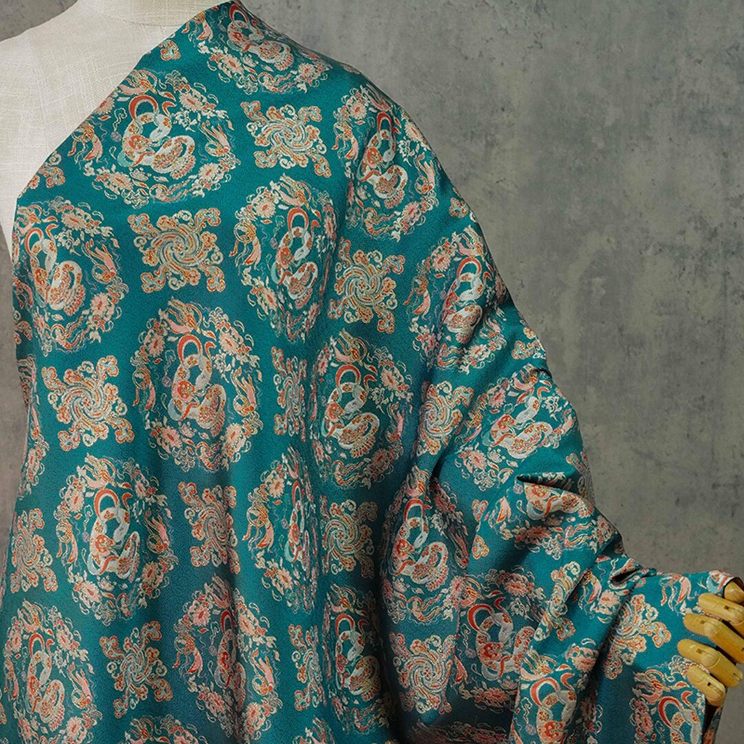 Cyan Chinese Dynasty Brocade Fabric | Full Meter Price | 66