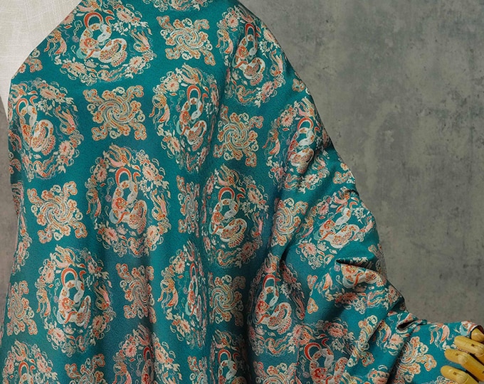 Cyan Chinese Dynasty brocade Fabric | Full Meter Price | 66" Wide | Jacquard Polyester | Cheongsam, Mongolian robe, Qipao , Decor DIY fabric