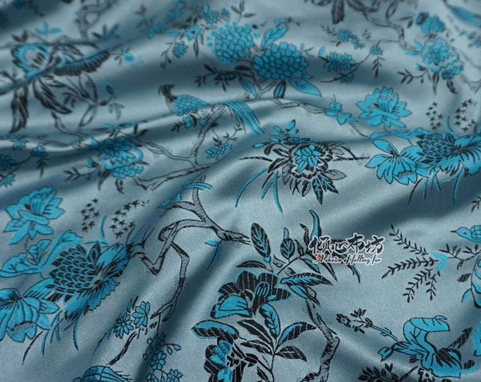 Silver Blue Chinese Brocade Fabric Wild Bird and Azalea 59" W, Upholstery, Decor, Costume, Curtain, Handbag, Sewing/Fabric by the meter