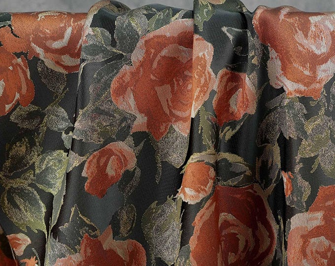 French Oil Painting–Style Black Rose Decorative Fabric | Vintage Woven Textile, 57"Wide
