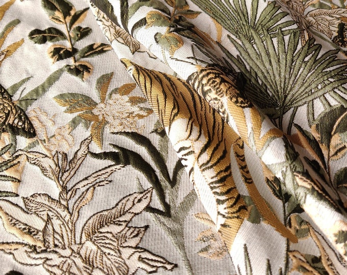 Reversible jacquard woven fabric, gold thread Tiger pattern with embossed effects, Upholstery, Curtain, Sewing DIY fabric, 63"W By 1 yard