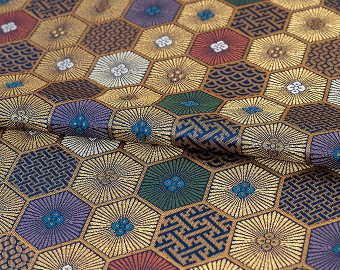 Nishijin Japanese Brocade Fabric: Tortoiseshell Gold Jacquard Silk Damask