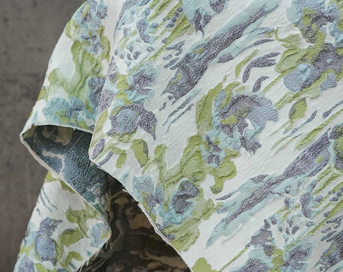 French Abstract Floral Jacquard Fabric: Gold Thread Embossed Woven - 55"W