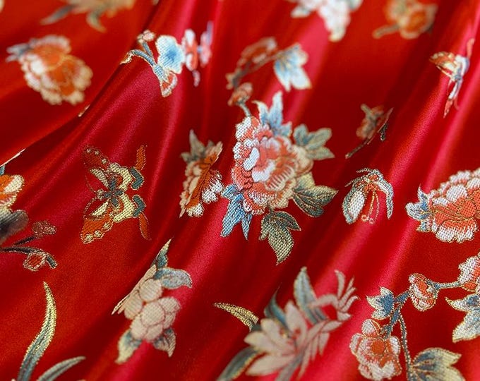 58"W Red Birds flower Fabric, Chinese Phoenix Jacquard Satin Fabric, Brocade Fabrics, Home Decor, quilting, costumes and DIY Fabrics On SALE