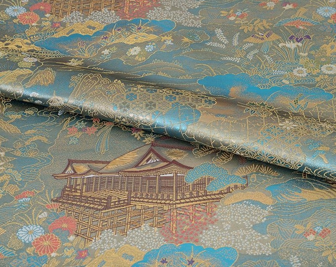 59"W Nishijin Ori Brocade Satin Fabric With pavilions pattern| Japanese Style Home Decor, Chinese Sewing, Upholstery, drapery, craft/fabric