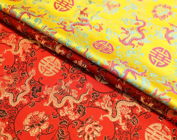 Chinese Dragon & Fu Shou Multi Color Brocade, 29.5" Wide, Sells by the Meter, Cheongsam, Qipao Fabric on SALE