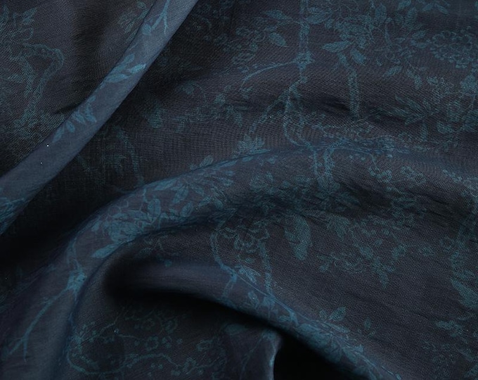 Tencel Ramie Printed Fabric, dark blue color, Sewing Fabric, Dress, Shawl, decor, Upholstery, Costume, bag, DIY, curtain/fabric, by meter