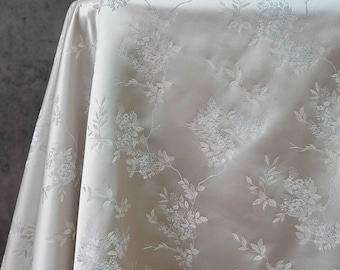 59"W Silver white Traditional plum bossom Silk rayon jacquard brocade Fabric, Upholstery, Quilting, Sewing, drapery, DIY, Quilting by meter