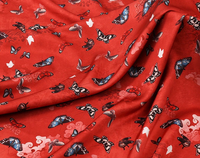59"W butterfly pattern silk satin fabric, Digital print, 3 colors, Sewing, Upholstery, Decor, Costume, Curtain, Handbag, Sewing/Fabric
