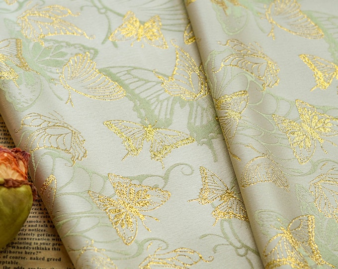 59"W Gold Thread jacquard Fabric/Decorative costume dress satin fabric, Upholstery, Quilting and Sewing, bookbinding/ fabric, Foil butterfly