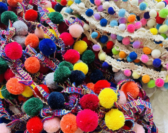 Colorful Tassel Ball Plush Pom n Trim, Shabby Chic Victorian Lace, Curtain, sofa, Decor, handmade DIY, Lolita, scarf, bag, sweater/ fabric