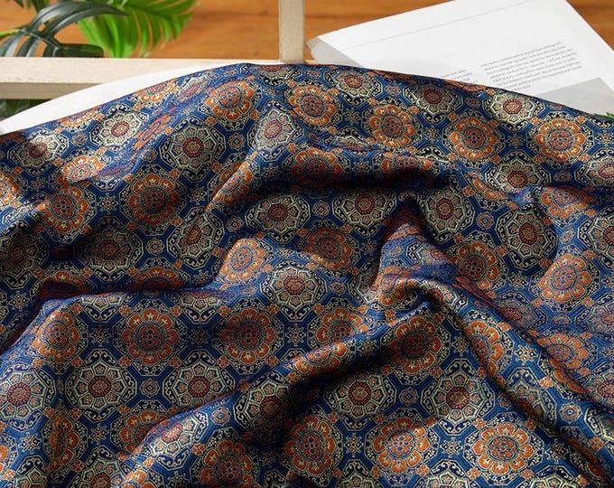 59"W blue Song Brocade Japanese totem Silk Brocade, Emperor Tibetan robe, cheongsam, spinning Fabric, silk rayon sewing, Quilting, DIY