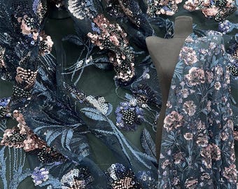 50“W Sequined floral bead embroidery, dress bag lace mesh fabric lace, Prom, Wedding, Doll Making, Sewing, DIY, Costume/ fabric