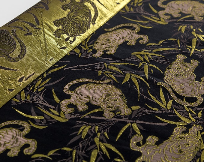 29.5"W Nishijin woven gold thread brocade, Jacquard tiger and bamboo silk brocade by the yard, Waistband, handbag, Upholstery, Sewing fabric