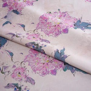 55"W Ancient peony Tea silk satin fabric, Purple pink, Upholstery, Decor, Costume, Curtain, bag, Sewing, drapery, cheongsam, DIY/Fabric