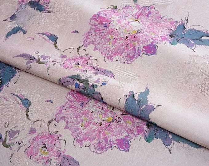 55"W Ancient peony Tea silk satin fabric, Purple pink, Upholstery, Decor, Costume, Curtain, bag, Sewing, drapery, cheongsam, DIY/Fabric