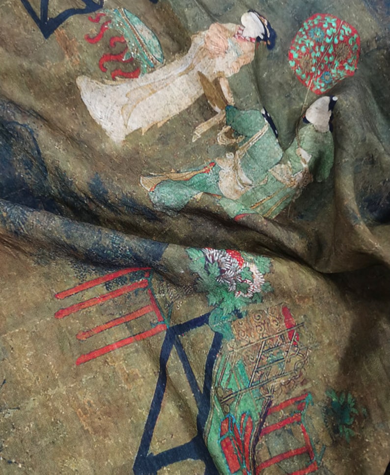 Chinoiserie Tencel-tyg på metervara: Asiatiska damer, sömnadsscen, heminredning bild 2