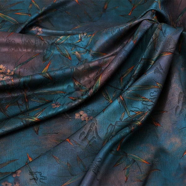 59"W Ancient bamboo Tea silk satin fabric, Digital print, 3 colors, Upholstery, Decor, Costume, Curtain, bag, Sewing, drapery, DIY/Fabric