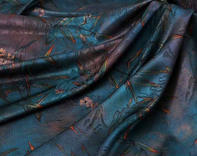 59"W Ancient bamboo Tea silk satin fabric, Digital print, 3 colors, Upholstery, Decor, Costume, Curtain, bag, Sewing, drapery, DIY/Fabric