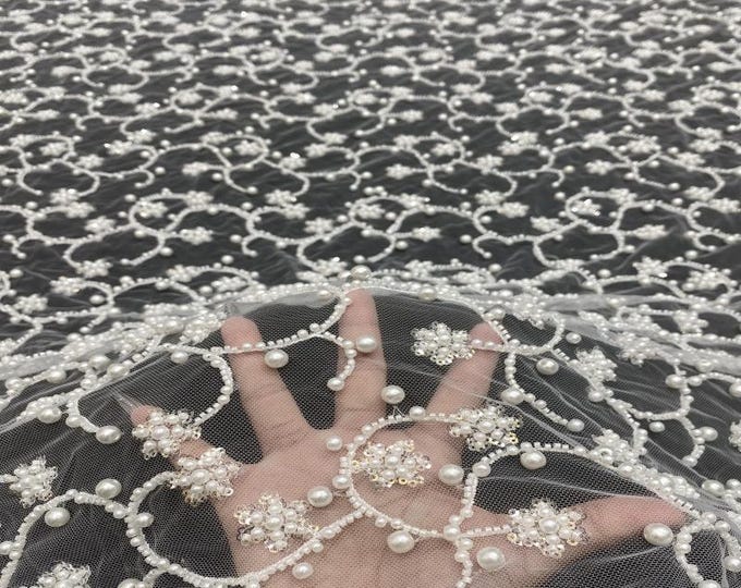 High-End Beaded & Sequin Fabric – 4/6/8mm Pearl Embroidery, Wedding Dress, Bridal Gown Material, Prom Dress, Luxury Fashion Fabric, 49"Wide