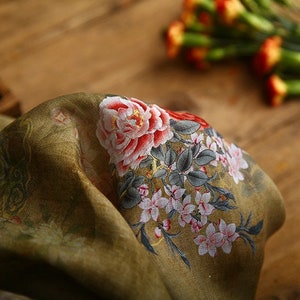 Fiore di peonia Dunhuang stampato puro tessuto Ramie, 57"W, Tappezzeria, Arredamento, Costume, Tenda, Borsa, Cucito, Sciarpa/Tessuto al metro